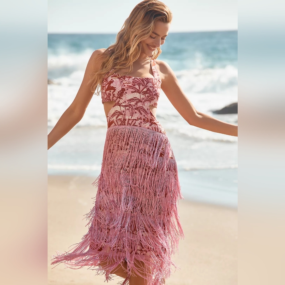 NWT By Anthropologie Linen Fringe Column Midi Dress Small